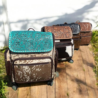 Valise 100% cuir véritable, motif en cuir de vachette, marquage à la main, couleurs turquoise, marron, noir, beige, roulettes pivotantes, style classique de voyage