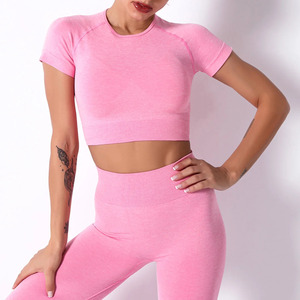 Conjunto de Yoga de 2 piezas para mujer de gran calidad, cintura media, cierre elástico, manga corta, transpirable, patrón sólido, logotipo frontal personalizado - Product Image 1