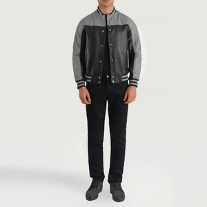 Concevez votre propre veste universitaire en cuir noir et gris de haute qualité veste Letterman d'université de logo de broderie personnalisée - Product Image 3