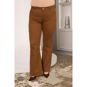 RMG Plus Size Women's Camel Cotton Blend Flare Leg <b>Pants</b> - Comfortable High Waist <b>Boot</b> Cut Trousers for Casual Wear - Product Image 2