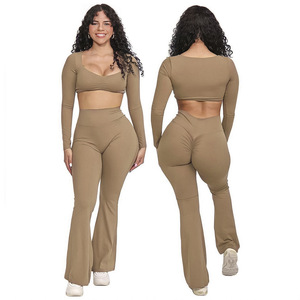 ชุดออกกำลังกายแขนยาวของผู้หญิงชุดครอปท็อปรัดรูปกางเกงเลกกิ้งปลายบานเสื้อกั๊กสำหรับออกกำลังกายโยคะ - Product Image 4