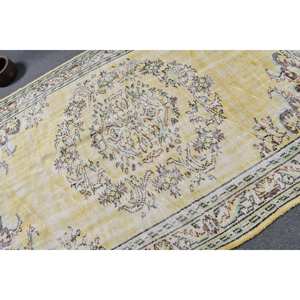 พรมตุรกีวินเทจคลาสสิกสีเหลืองเบจ5.6x8.5ฟุตขนสัตว์แฮนด์เมดดีไซน์งานเย็บปะสำหรับข้างเตียงทรงสี่เหลี่ยมผืนผ้าด้านหลังทำจากยาง - Product Image 5