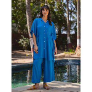 Zephyr Solid Blue Chiffon <b>Maxi</b> Kaftan <b>Dress</b> Plus-Size Puff Sleeve - Product Image 4