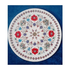 Plaque en marbre blanc Pietra Dura de forme ronde avec incrustation de motifs floraux magnifiques, grossiste, finition soignée et prix bas - Product Image 1