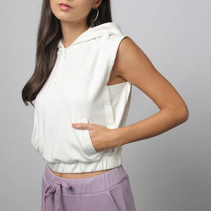 Vente en gros de sweat à capuche court blanc sans manches pour femmes vêtements de sport avec ceinture élastique sweats à capuche sans manches - Product Image 3