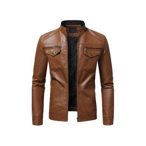 Servicio de OEM de alta calidad, cuello de moda personalizado para hombre, chaquetas de cuero genuino de Color sólido marrón para hombre, chaqueta para hombre - Product Image 1