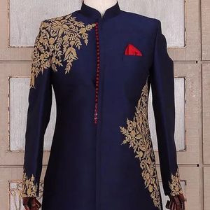 2024 Navy Silk Sherwani Heavy Embroidery Matching Pant <b>Shoe</b> Embellished Crystal Glass Beads Dabka <b>Work</b> Plus Size Groom Party - Product Image 1