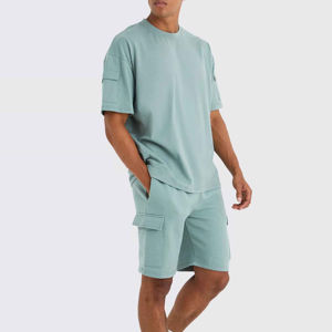 Nueva llegada 2025 conjuntos cortos de dos piezas de verano para hombres Color Block Loses Fit Short Set para hombres Color sólido Diseño personalizado - Product Image 3