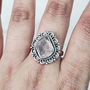 Joyería de piedra en bruto, anillo para mujer, piedra preciosa de cuarzo rosa crudo Natural, piedra natal de abril, anillo bohemio, joyería, anillo de Plata de Ley 925 - Product Image 2