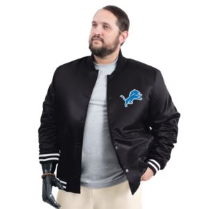Chaqueta universitaria de béisbol para hombre G-III Sports by Carl Banks, negra, de los Detroit Lions, con gráfico adaptativo del equipo, de satén y cierre completo a presión. - Product Image 3