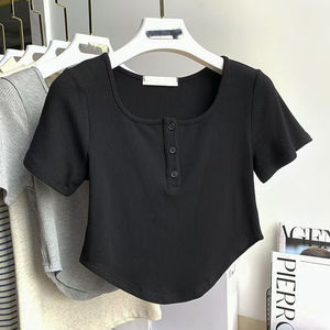 Pull à manches courtes, boutonné, couleur unie, personnalisable, décontracté, confortable, printemps-été, haut court pour femme, nouveau design 2026 - Product Image 3