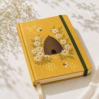 Carnet personnalisé LABON en forme de ruche, jaune moutarde, couverture rigide en tissu, impression UV, marguerites, abeilles, nid d'abeille, vert forêt, bande élastique