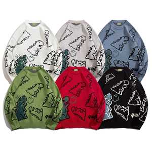 <b>Men's</b> Dinosaur Graphic <b>Pullover</b> Sweater Oversized Knit 100% Cotton Winter Casual Long Sleeve Front Logo - Product Image 5
