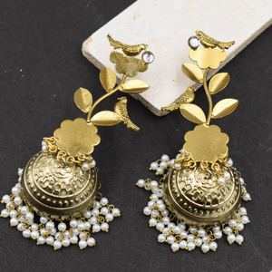 Boucles d'oreilles en forme de feuille de conception traditionnelle unique moineau perles perles boucles d'oreilles en laiton plaqué or pour dames boucle d'oreille kundan jhumka - Product Image 2