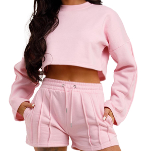 Women's Oversized Pullover Long <b>Sleeve</b> <b>Sweatshirt</b> Top and <b>Shorts</b> Set Crew Neck Sweat Suit with Custom Logo - Product Image 6
