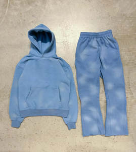 Fabricant OEM Pantalon ample empilé à double taille délavé au soleil Survêtement Pantalon de survêtement évasé personnalisé avec strass Ensembles de pantalons de survêtement et sweat à capuche - Product Image 3