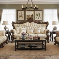 Rustikales amerikanisches Vintage-Holzsofa-Set mit getuftetem Stoff polster, klassische Wohnzimmer möbel für Landhaus