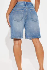 Custom Blue High <b>Waist</b> 100% Cotton Women's <b>Jean</b> Shorts with Regular Fit Stylish Pocket Details for Outdoor Activities - Product Image 5