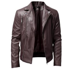 Chaqueta informal de cuero PU ajustada para hombre con cremallera de manga larga y cuello levantado, chaqueta de cuero para motocicleta de color sólido, ropa - Product Image 3