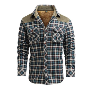 Chemise en flanelle à carreaux bleu-vert pour homme, veste tactique en flanelle doublée de polaire pour activités de plein air, haut thermique - Product Image 1