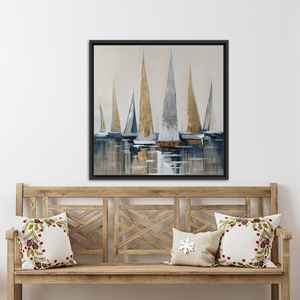 Elegant Sailboats Glass Wall Art: Modern Gold & Silver Printed Canvas,BLACK <b>FRAMED</b> CANVAS - Product Image 1