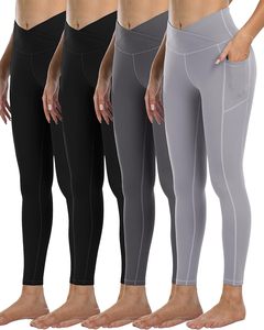 Paquete de 4 pantalones de yoga de entrenamiento con control de barriga de cintura alta para mujer con bolsillos Leggings casuales de estilo sólido - Product Image 1