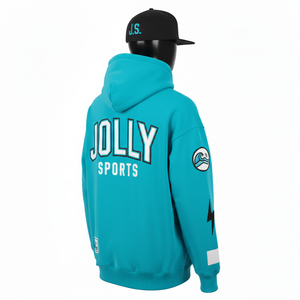 Sweat à capuche en polaire premium 320 GSM, couleur sarcelle, tissu doux en coton et polyester, avec patch sur la manche et broderie, sweat à capuche basique - Product Image 3