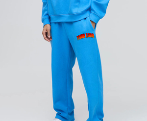 Men's Blue Cotton Sweatpants Elastic Waist Pockets Heat Transfer Logo Right Leg Casual Autumn Wear - Product Image 1