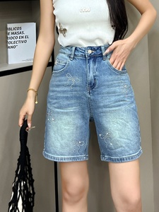 Pantalones cortos de mezclilla para mujer con diamantes de imitación de verano de alta calidad 2025, pantalones cortos de mezclilla bordados personalizados de cintura alta - Product Image 3