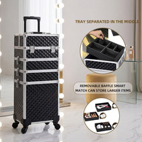 Valise de Maquillage Professionnelle 4-en-1 à Roulettes, en Aluminium Noir Diamant, Grande Boîte Cosmétique de Voyage, Trolley de Barbier et Coiffeur