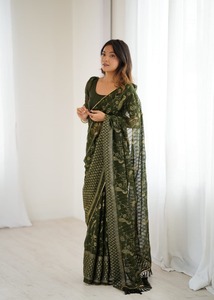 Haute sur demande mariée fantaisie concepteur doux Georgette tissu bleu Saree avec chemisier Festival fête dernière tenue ethnique pour les femmes - Product Image 5