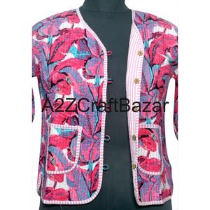 100% Organic Cotton Women's Short Vintage Ethnic Print Quilted Handmade Reversible Eco-Friendly Autumn Winter Streetwear <b>Classy</b> - Product Image 4