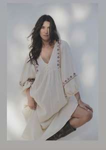 Vestido Maxi Bohemio Bordado, Cuello en V, Manga Abullonada, para Mujer - Product Image 4