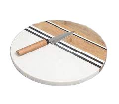 Planche à découper ronde en bois et marbre blanc de qualité supérieure, aspect simple et élégant, polie à la main - Product Image 3