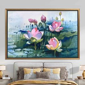 Impression sur toile de fleur de lotus : art mural botanique abstrait, toile encadrée dorée - Product Image 1