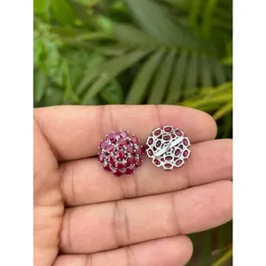 925 <b>Silver</b> Natural Ruby Stud <b>Earrings</b> with Gold Plating Trendy Flower Shape <b>Huggie</b> Design for Engagement or Gift - Product Image 3