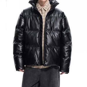 Veste matelassée en cuir PU noir tendance pour hommes, col montant, chaude, style streetwear, épaisse, pour l'hiver - Product Image 2