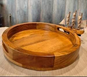 Plateau de service rustique en bois de qualité supérieure avec poignée, sculpté à la main, centre de table rond rustique, accessoire de cuisine, décoration - Product Image 5