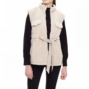 Winter Wear Regular Custom Fitted Knit Belt Sleeveless Turn Down Collar Polar Fleece Vest For Women's