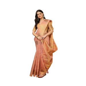 Elegante Sari de seda viscosa de albaricoque Dola con tejido de Zari dorado y Pallu de contraste perfecto para bodas y uso festivo - Product Image 1