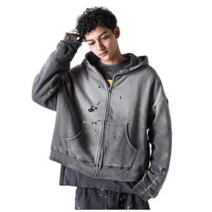 Diseño personalizado elegante rasgado desgastado recortada Zip up sudaderas con capucha de gran tamaño lavado con ácido Streetwear caída hombro hombres cremallera sudaderas con capucha - Product Image 3