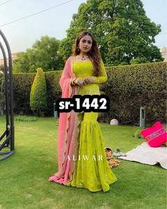 El último conjunto de Sharara Gharara Kurti bordado indio, tela de Georgette, hermoso diseñador pakistaní, Ropa Étnica personalizada, 3 uds. - Product Image 3