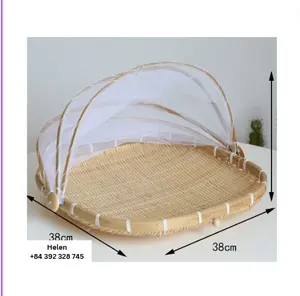 Flat Round Bamboo Winnowing basket - handmade bamboo woven dustpan high quality winnowing basket with light fabric cover