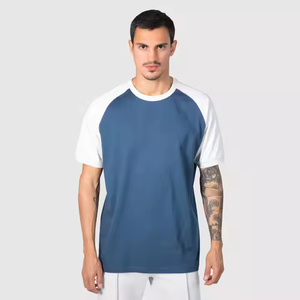 T-shirt blanc sans étiquette à col épais bicolore pour hommes T-shirt en coton lourd à manches raglan T-shirt patchwork à col rond - Product Image 1