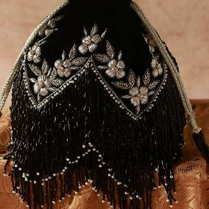 New-Designer <b>Black</b> Velvet Fabric Potli <b>Bag</b> Embellished Pearls Crystal Glass Beads Embroidery Work for Party/Wedding-2024 Silk - Product Image 1