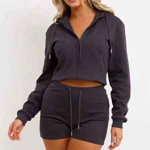 Fashionable Solid Pattern <b>Women's</b> Crop <b>Top</b> Tracksuit Jogger 2 Piece Set Pullover Hooded Crop <b>Top</b> and Pant-Short Length Crop <b>Top</b> - Product Image 3