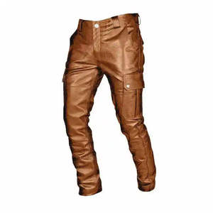 <b>Brown</b> Leather Pants <b>Men</b> Straight Leg <b>Cargo</b> Pocket <b>Trousers</b> Streetwear Motorcycle Outerwear - Product Image 2