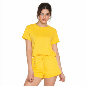Ensemble de shorts en coton de haute qualité femmes col rond t-shirt Shorts deux pièces été léger coton Shorts ensemble femmes - Product Image 5