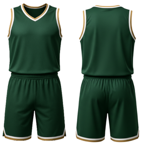 Ensemble d'uniformes de basketball vert foncé respirant à col en V sans manches, avec bordure or et blanc, impression de logo personnalisée, séchage rapide – Vente chaude - Product Image 1