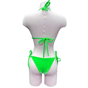 Women Neon <b>Green</b> <b>Velvet</b> Bikini Set Halter Neck Triangle Top Tie Side Bottoms Two Piece Swimwear Stretch Solid Color - Product Image 2